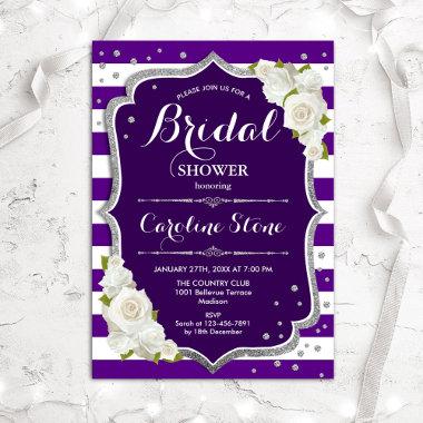 Floral Black Silver Purple Stripes Bridal Shower Invitations