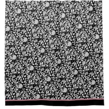 Floral Black & White Rose Pattern Dusty Rose Trim Shower Curtain