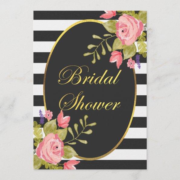 Floral Black White Stripes Gold Foil Bridal Shower Invitations