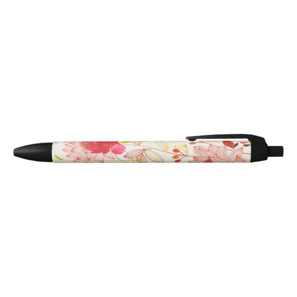 Floral Bloom Blush Gold Sun Pink Watercolor Black Ink Pen