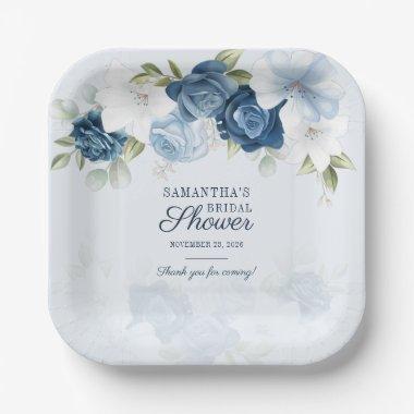 Floral Bloom Watercolor Blue White Bridal Shower Paper Plates