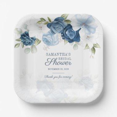 Floral Bloom Watercolor Blue White Flowers Paper Plates