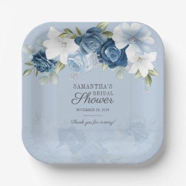 Floral Bloom Watercolor Dusty Blue White Flowers Paper Plates