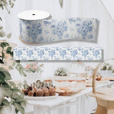 Floral Blue and White Chinoiserie Vases Bridal Satin Ribbon