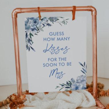 Floral Blue How Many Kisses Bridal Shower Game Poster