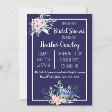 Floral Blue Jay Bridal Shower Invitations