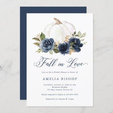 Floral Blue Pumpkin Fall in Love Bridal Shower Invitations