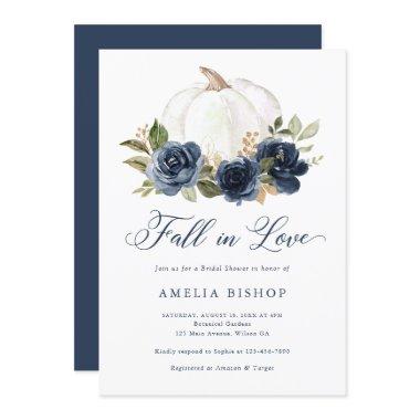 Floral Blue Pumpkin Fall in Love Bridal Shower Invitations