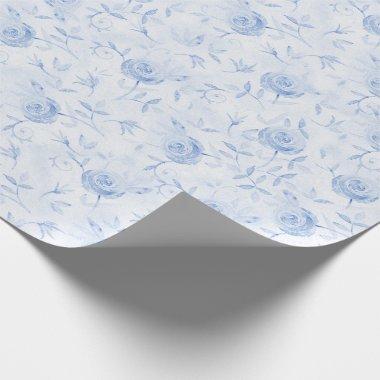 Floral Blue Roses Elegant Damask Wedding Wrapping Paper