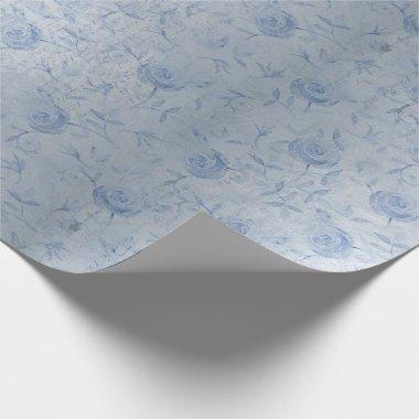 Floral Blue Roses Silver Shimmer Chic Wrapping Paper