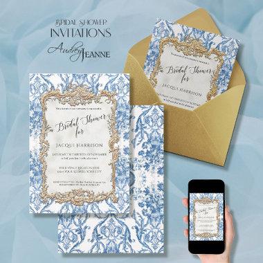 Floral Blue White Vintage Rococo Bridal Shower Invitations