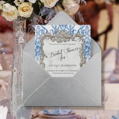 Floral Blue White Vintage Silver Bridal Shower Invitations