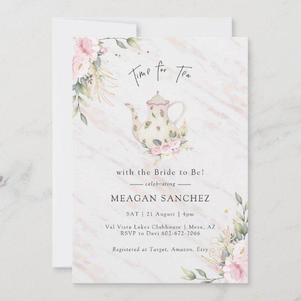Floral Blush and Gold Bridal Shower Tea Party Invitations