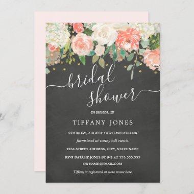 Floral Blush Confetti Chalkboard Bridal Shower Invitations