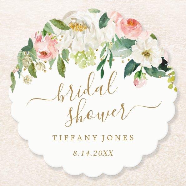 Floral Blush Gold Pink Confetti  Paper Coaster