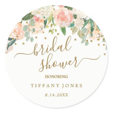 Floral Blush Pink Gold Confetti Bridal Shower Classic Round Sticker