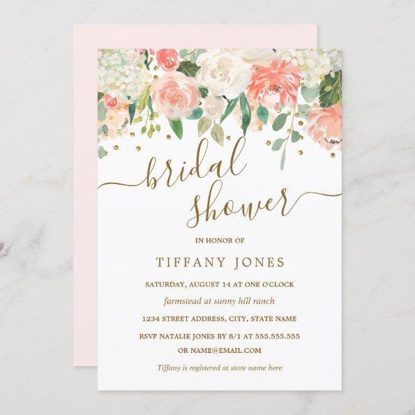Floral Blush Pink Gold Confetti Bridal Shower Invitations