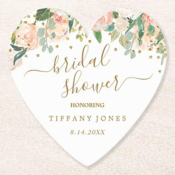Floral Blush Pink Gold Confetti  Paper Coaster