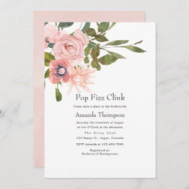 Floral Blush Pink Pop Fizz Clink Bridal Shower Invitations