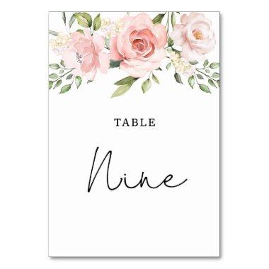 Floral blush roses wedding table number