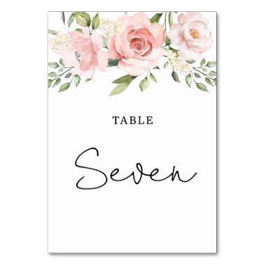 Floral blush roses wedding table number