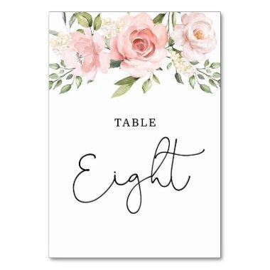 Floral blush roses wedding table number