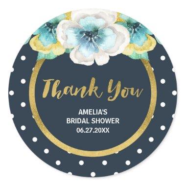 Floral Bridal Shower, Blue and Faux Gold Thank You Classic Round Sticker