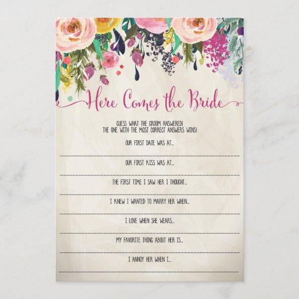 Floral Bridal Shower Here comes the bride game Invitations