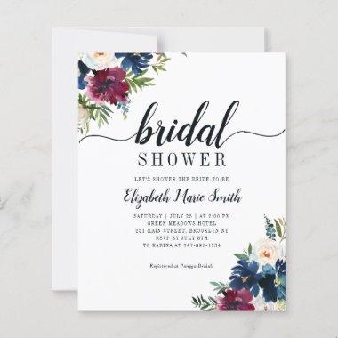 Floral Bridal Shower Navy Blue Burgundy Invitations