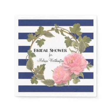 Floral Bridal Shower Pink Peony Flowers Striped Paper Napkins