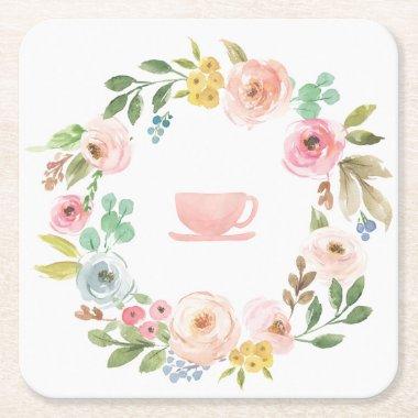 Floral Bridal Shower Tea Party Square Paper Coaster