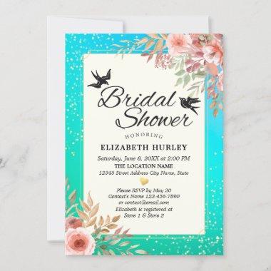 Floral Bridal Shower Teal Gold Confetti Polka Dots Invitations