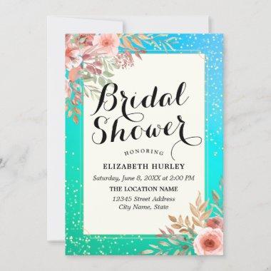 Floral Bridal Shower Teal Gold Confetti Polka Dots Invitations
