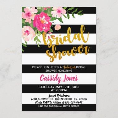 Floral Bridal Shower with Black & White Stripes Invitations