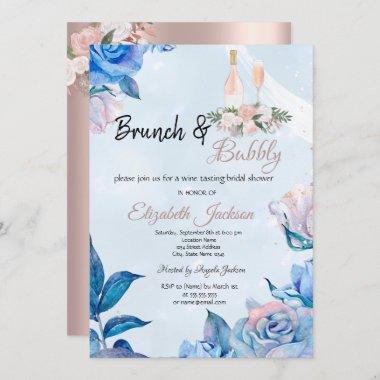 Floral Brunch & Bubbly Blue Bridal Shower Invitations