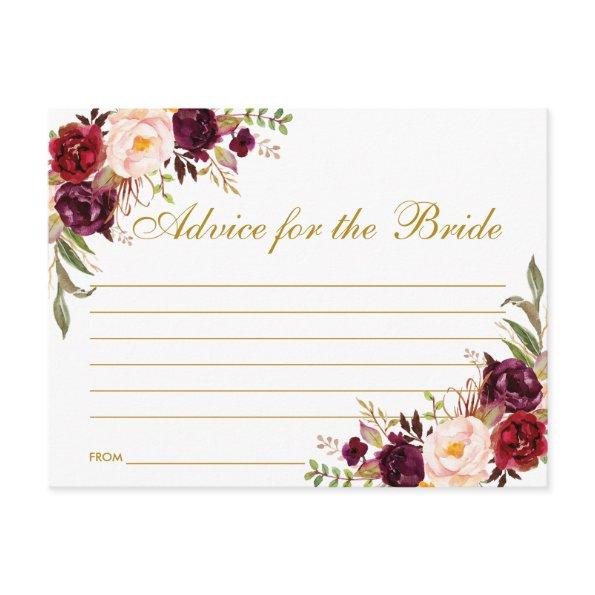 Floral Burgundy Gold Bridal Shower Advice Card L