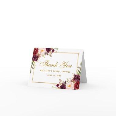 Floral Burgundy Gold Bridal Shower Thanks Note Thank You Invitations