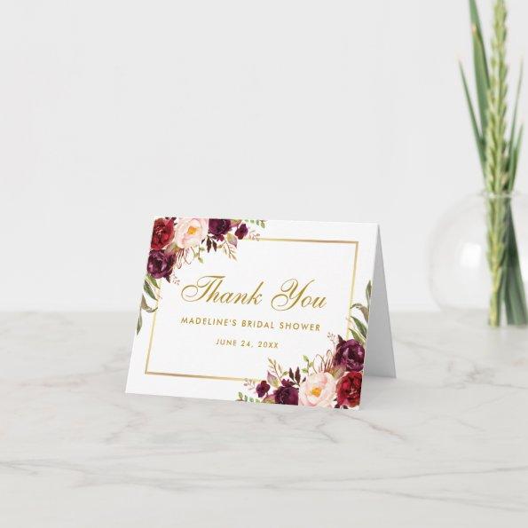Floral Burgundy Gold Bridal Shower Thanks Note Thank You Invitations