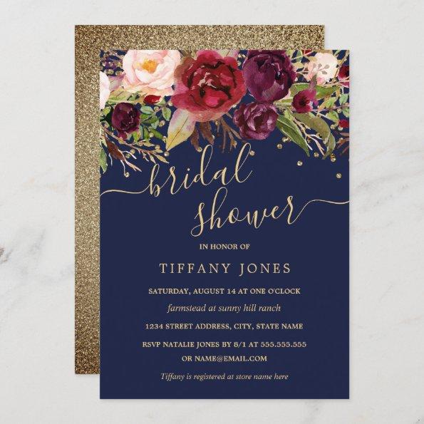 Floral Burgundy Navy Gold Confetti Bridal Shower Invitations