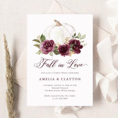 Floral Burgundy Pumpkin Fall in Love Couple Shower Invitations