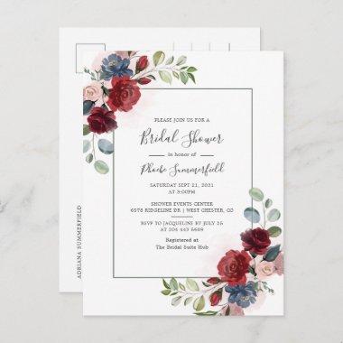 Floral Burgundy Script Eucalyptus Bridal Shower Invitation PostInvitations