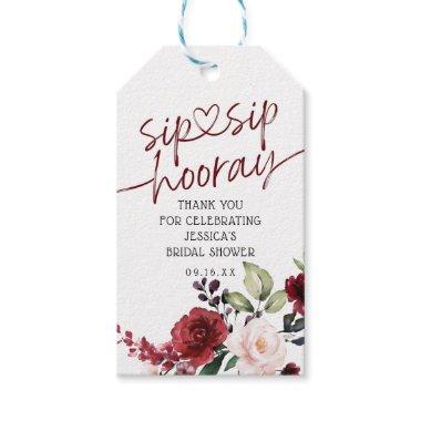 Floral Burgundy Sip Sip Hooray Bridal Shower Gift Tags