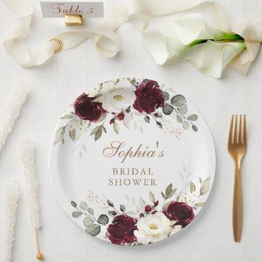 Floral Burgundy White Greenery Gold Bridal Shower Paper Plates