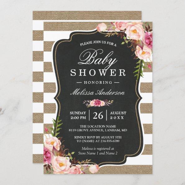 Floral Burlap Stripes Rustic Shabby Baby Shower Invitations