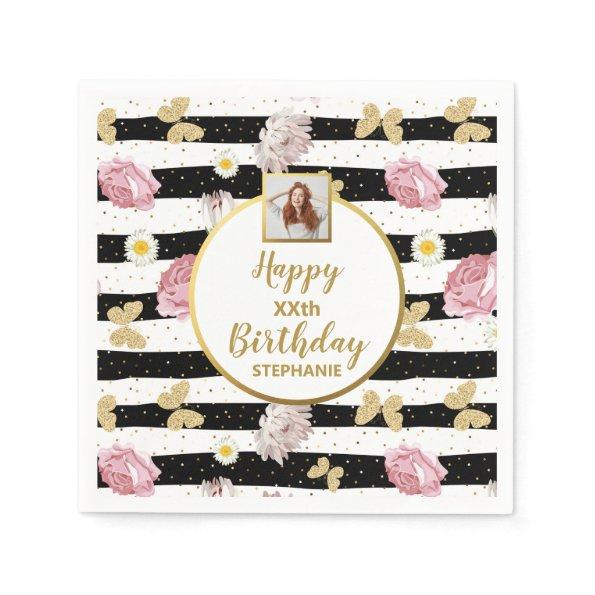 Floral Butterfly Any Age Custom Photo Birthday Napkins