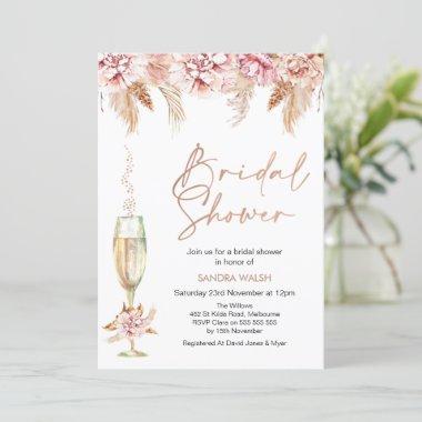 Floral Champagne Glass Boho Pampas Bridal Shower Invitations