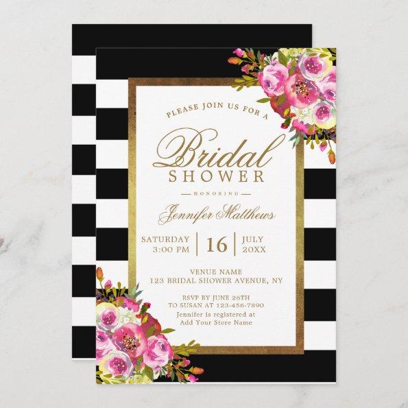 Floral Chic Gold Black White Stripes Bridal Shower Invitations