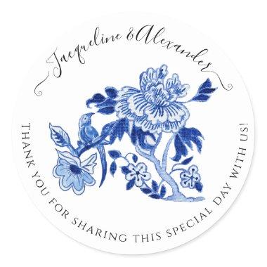 Floral Chinoiserie Bird Foliage Blue White Wedding Classic Round Sticker
