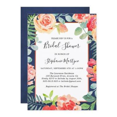 Floral Coral Foliage Navy Blue