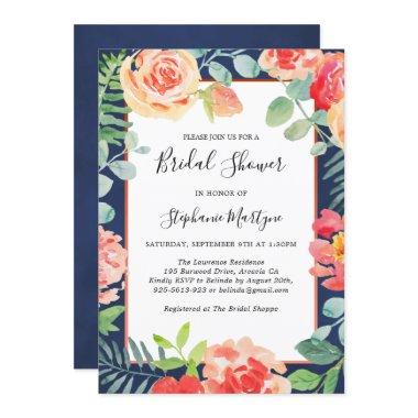 Floral Coral Foliage Navy Blue Bridal Shower Invitations